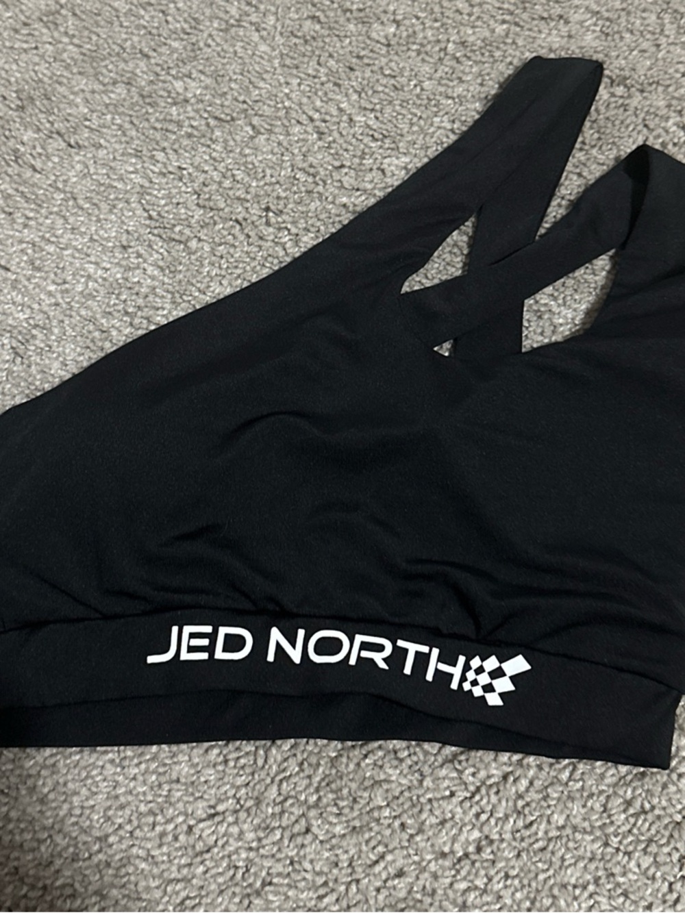 Jed North Black Athletic Strappy one shoulder Sports Bra with White Logo